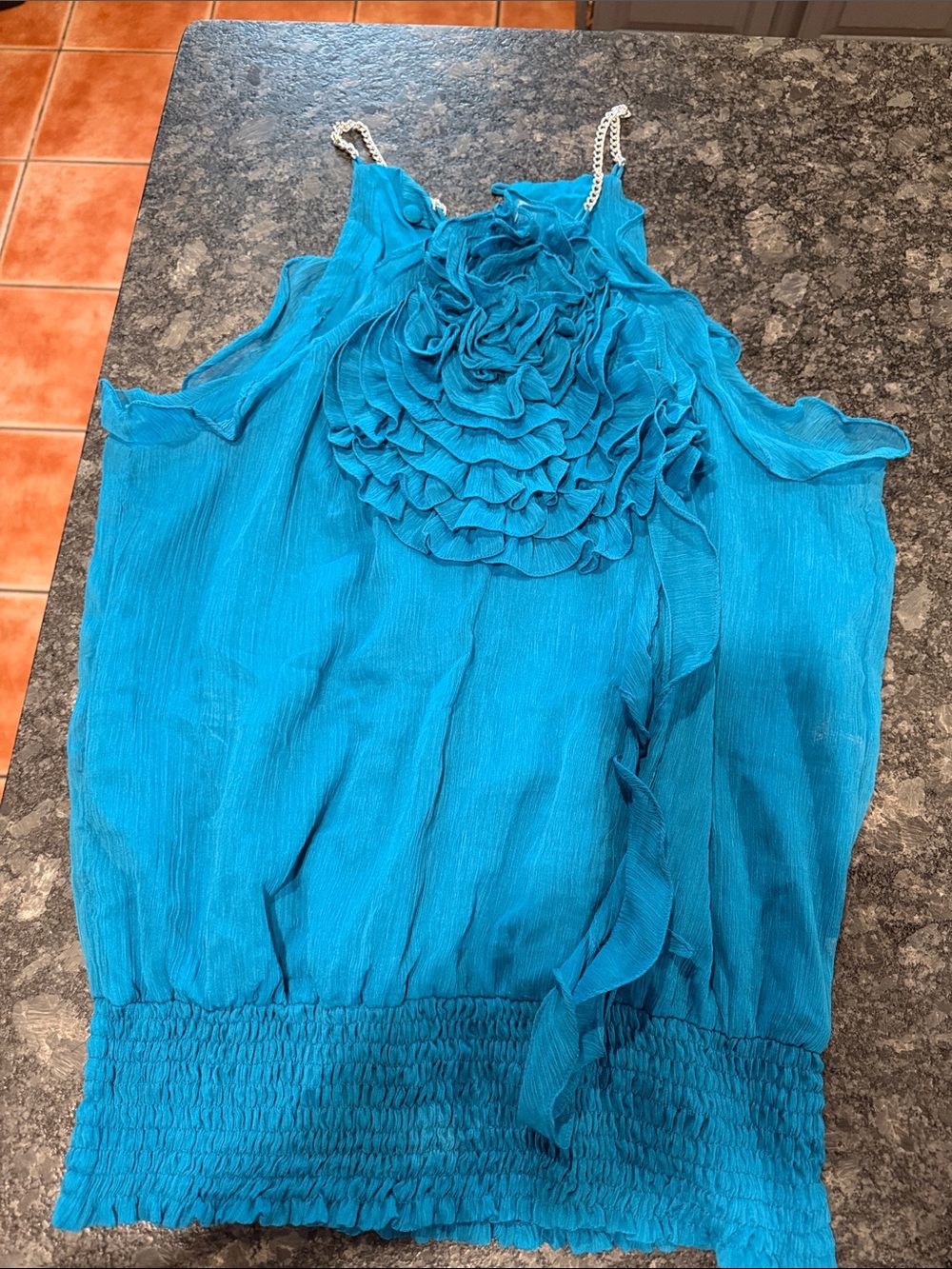 Arden B Teal Chain-Strap Ruffle Tank